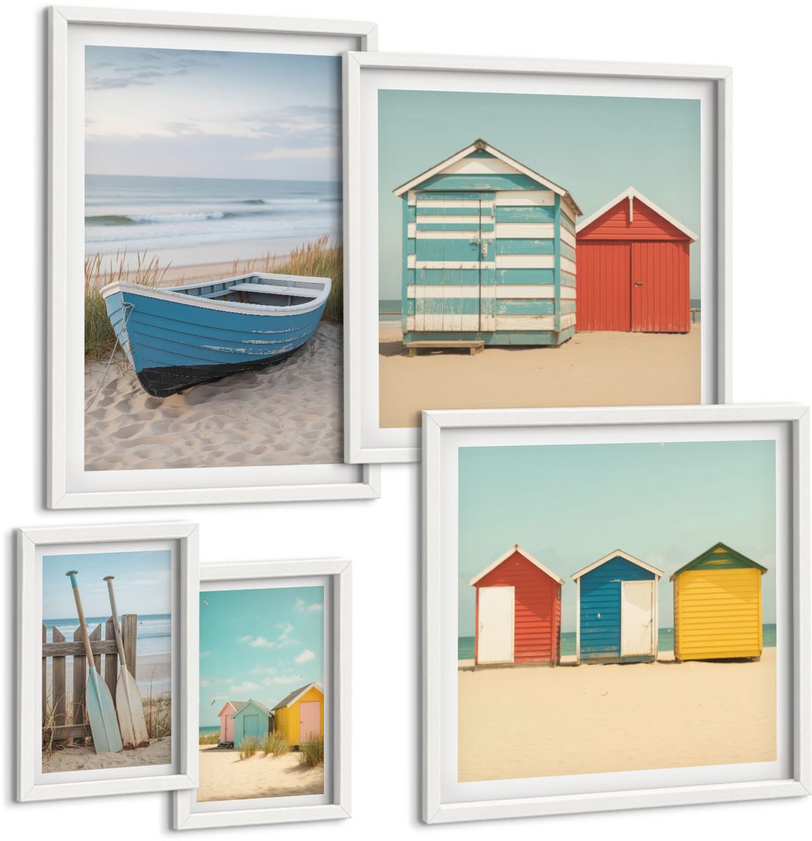 Wallfluent 5-Delige Schilderij Set - Uitzicht Op Zee, Kleurrijke Strandhuizen En Boten. - 50 x 50 cm, 20 x 30 cm En 40 x 60 cm - Moderne Wanddecoratie - Slaapkamer