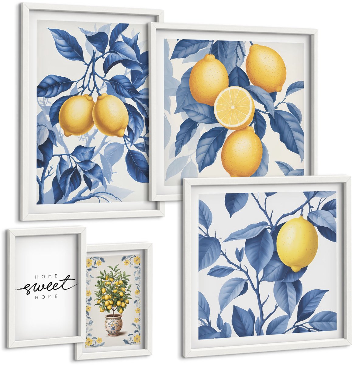 Wallfluent 5-Delige Schilderij Set - Citroenaccenten In Rustieke Stijl Voor Interieurs - 50 x 50 cm, 20 x 30 cm En 40 x 60 cm - Wanddecoratie - Woonkamer Decoratie - Moderne Wanddecoratie