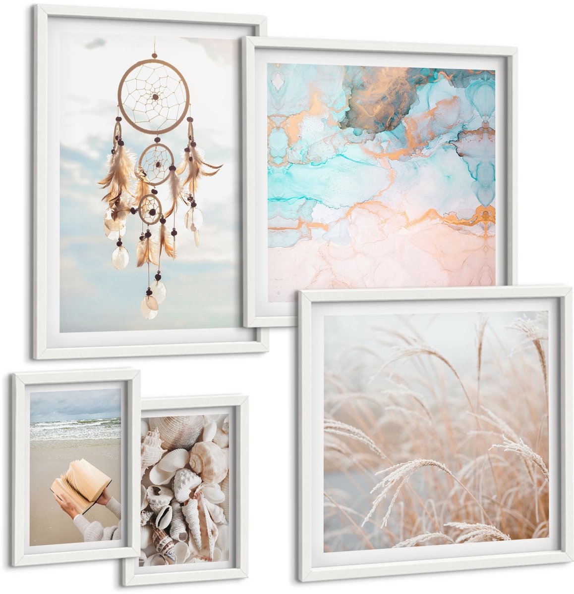 Wallfluent 5-Delige Schilderij Set - Boho-Stijl: Dromen Van Strand En Natuur In Delicate Tinten. - 50 x 50 cm, 20 x 30 cm En 40 x 60 cm - Wanddecoratie - Schilderijen Set - Interieur - Stijlvolle Muurdecoratie
