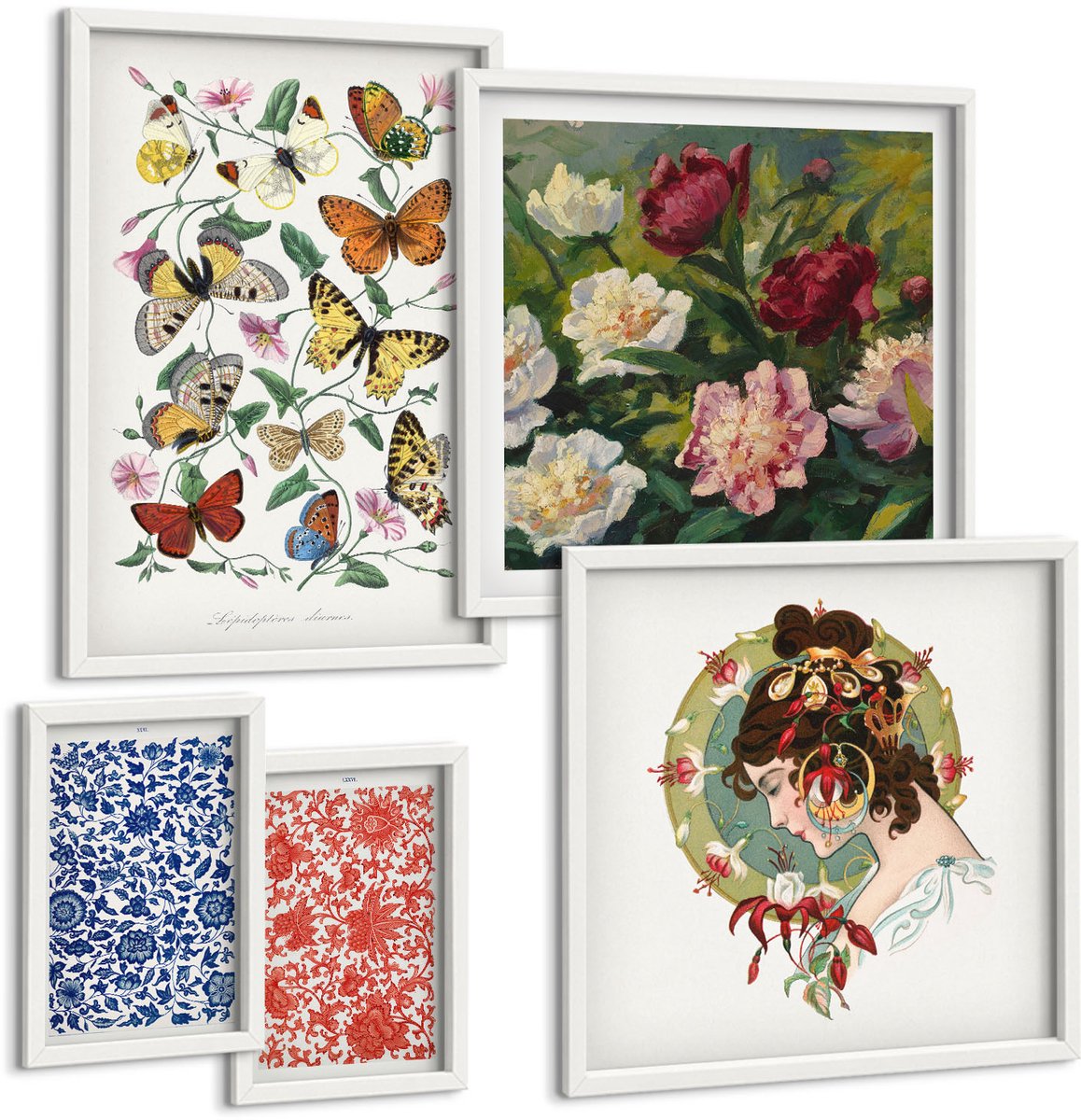 Wallfluent 5-Delige Schilderij Set - Vintage Decoraties Met Bloemmotieven En Vlinders - 50 x 50 cm, 20 x 30 cm En 40 x 60 cm - Stijlvolle Muurdecoratie - Kantoor - Decoratieve Schilderijen
