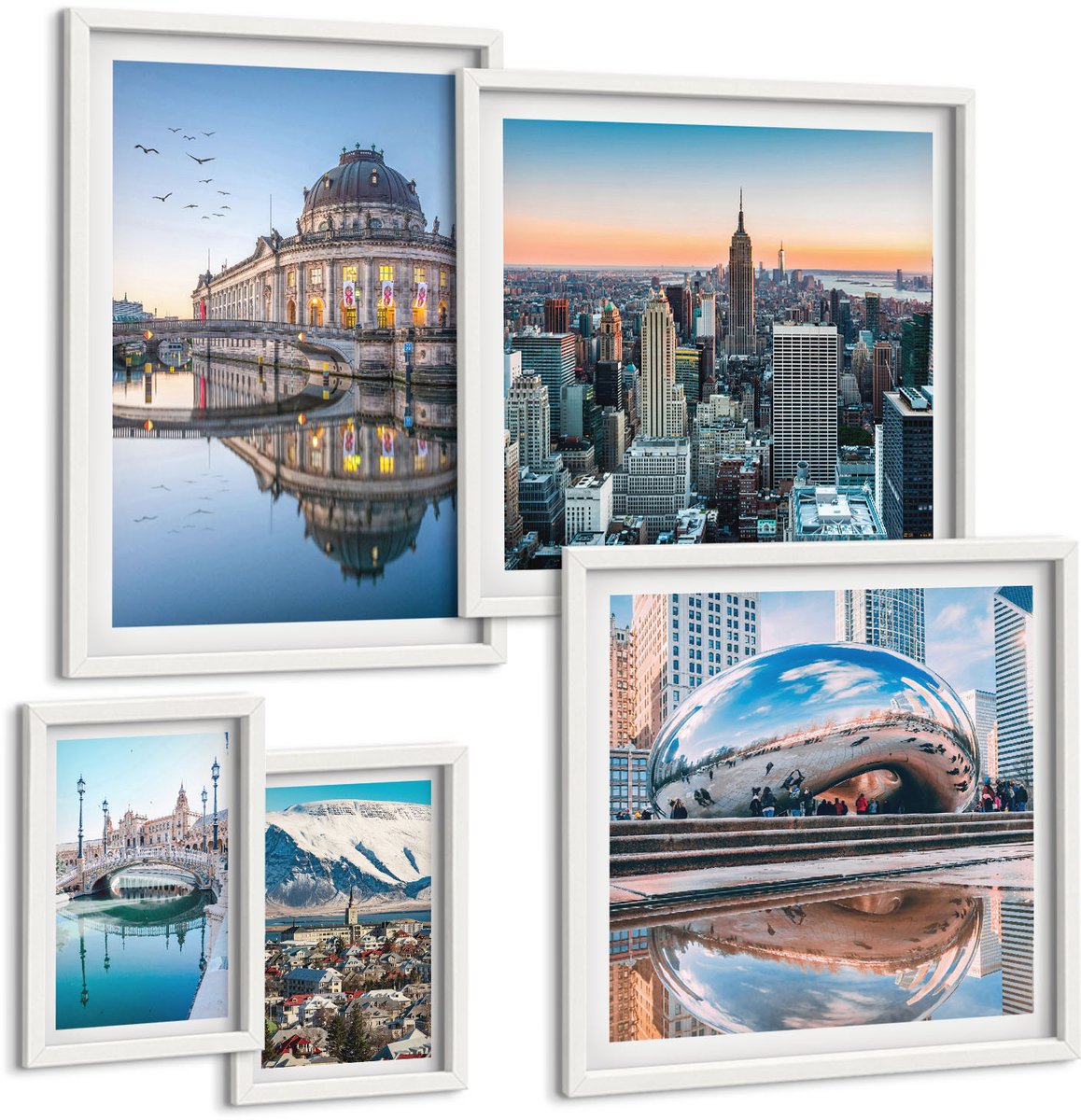 Wallfluent 5-Delige Schilderij Set - Stadsgezichten Met Moderne Architectuur En Natuur - 50 x 50 cm, 20 x 30 cm En 40 x 60 cm - Muurdecoratie - Wanddecoratie - Hal - Interieur Decoratie