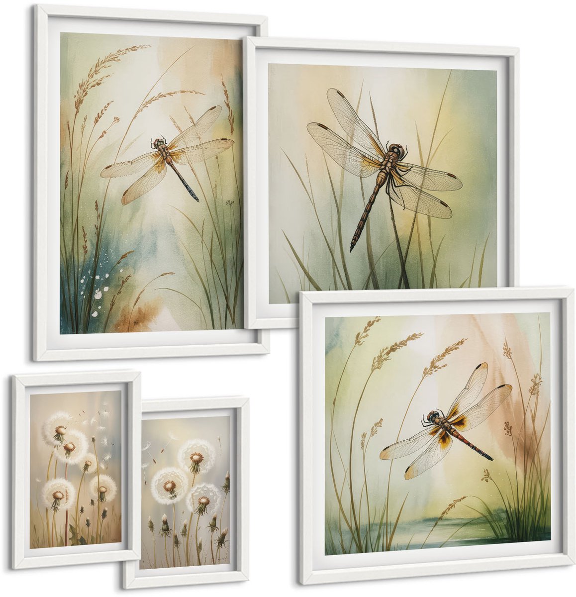 Wallfluent 5-Delige Schilderij Set - Natuurthema'S Met Libellen En Paardenbloemen In Boho-Stijl - 50 x 50 cm, 20 x 30 cm En 40 x 60 cm - Muurdecoratie - Wanddecoratie - Slaapkamer