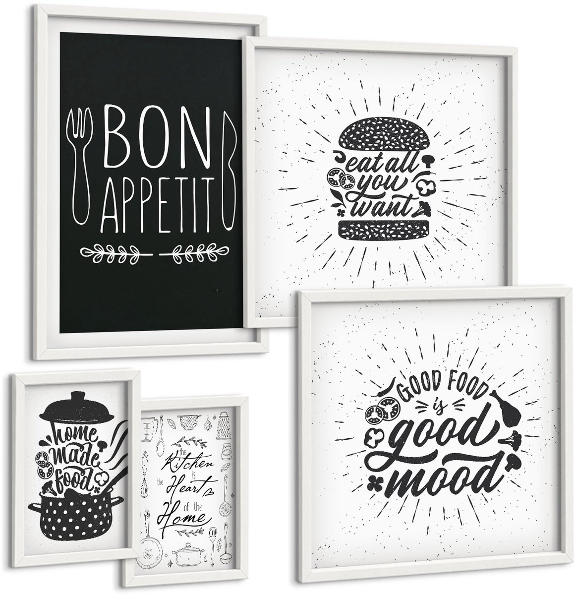 Wallfluent 5-Delige Schilderij Set - Keukeninspiratie Met Slogans Over Eten En Koken - 50 x 50 cm, 20 x 30 cm En 40 x 60 cm - Wanddecoratie - Schilderijen Set - Interieur - Muurdecoratie