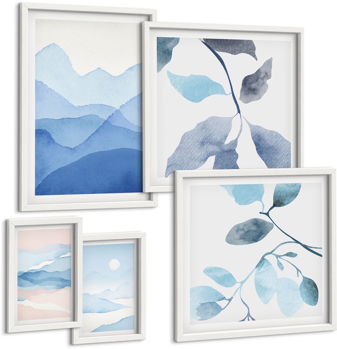 Wallfluent 5-Delige Schilderij Set - Natuur In Blauwtinten: Minimalistische Landschappen En Bladeren - 50 x 50 cm, 20 x 30 cm En 40 x 60 cm - Wanddecoratie - Muurdecoratie - Woonkamer - Woonkamer Decoratie