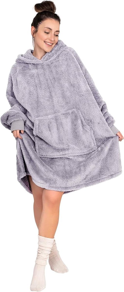 Oversized Hoodie Deken - Draagbare Knuffeldeken - Gezellig Thuis - Sherpa Fleece - S-M - Grijs