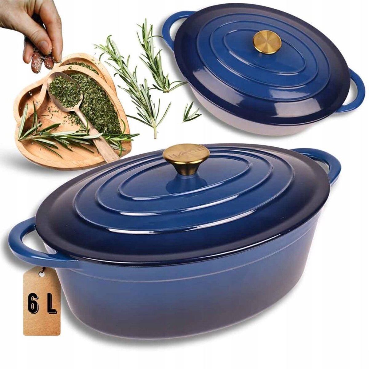 Hage - Braadpan - Geëmailleerde Gietijzeren Braadpan met Deksel - Cast iron pan - Oven & Inductie Geschikt - Voor Braden, Stoven en Ovenschotels - 6 Liters - 34 x 26 x 18 cm - Blauw