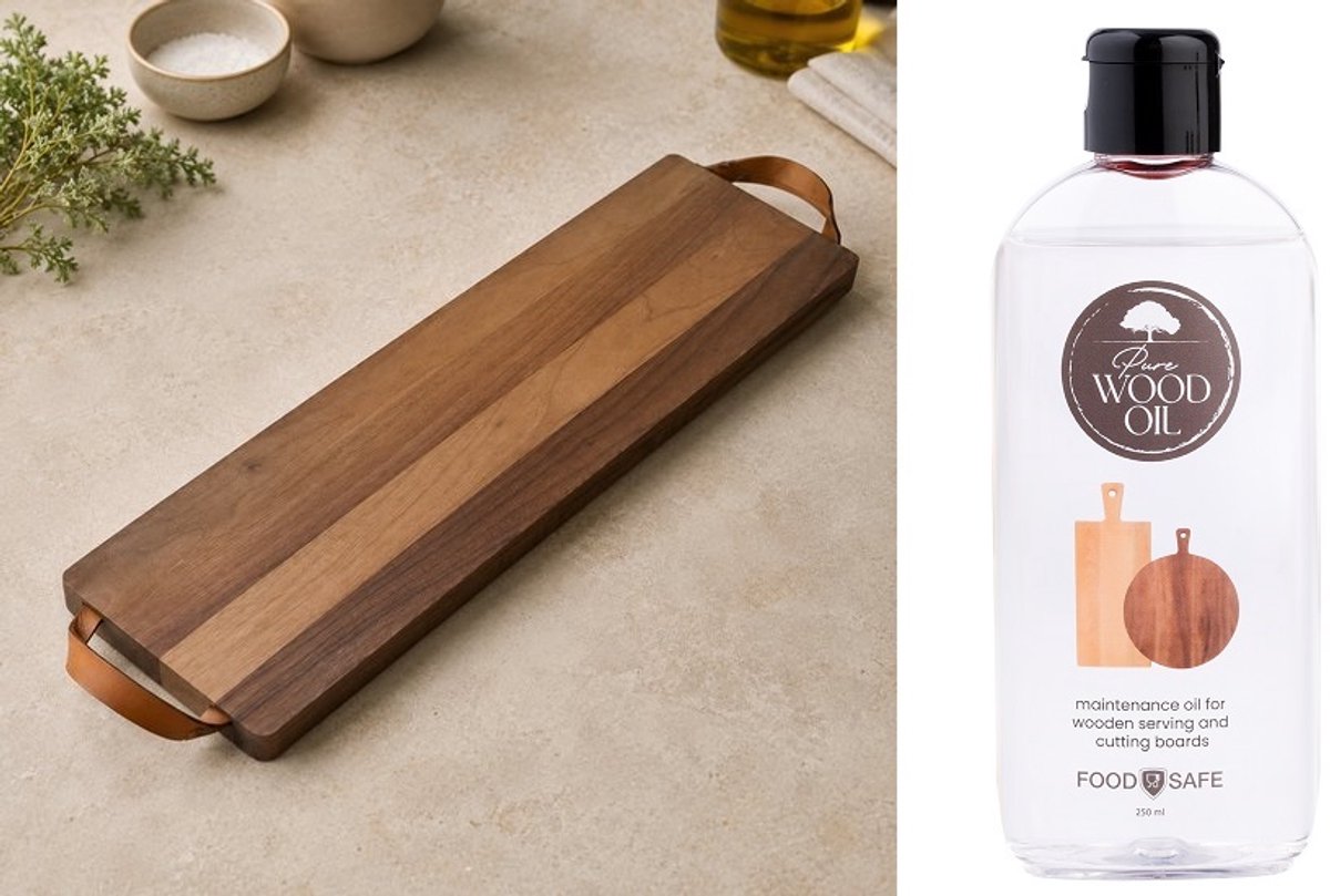 StadsPlanken Walnoothout Lederen Handvatten FSC 100% 69x19 cm. Incl. 100 ml. Pure Wood Olie.