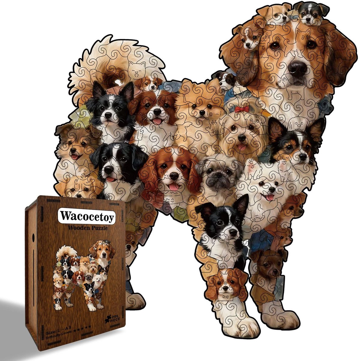 Casalora Houten Hond Puzzel - 205 stukjes - Onregelmatige Legpuzzel voor kinderen en volwassenen