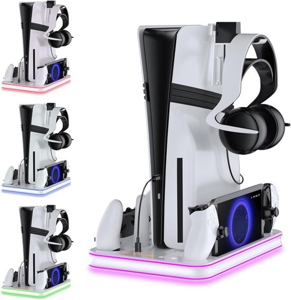 PS5 Koelstandaard met RGB Verlichting en Oplaadstation voor PS5, PS5 Slim en PS Portal