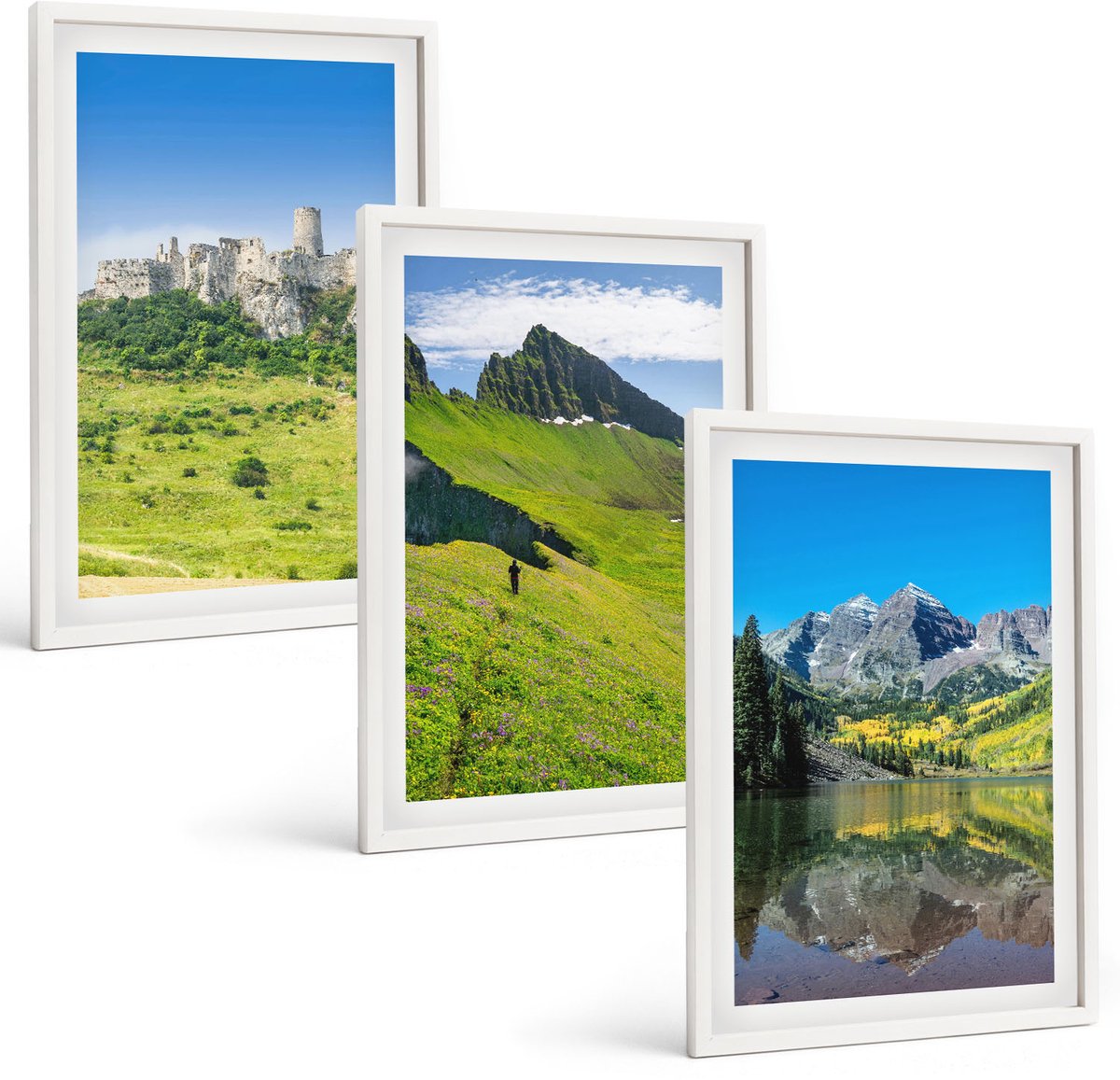 Wallfluent 3-Delige Schilderij Set - Groene Heuvels Met Een Kasteel En Berglandschappen - 40 x 60 - Moderne Wanddecoratie - Slaapkamer