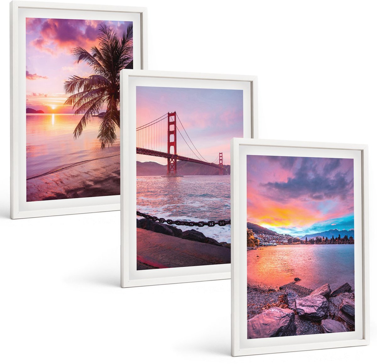 Wallfluent 3-Delige Schilderij Set - Zonsondergangen Boven De Brug En Het Waterlandschap - 40 x 60 - Muurdecoratie - Wanddecoratie - Hal - Stijlvolle Muurdecoratie