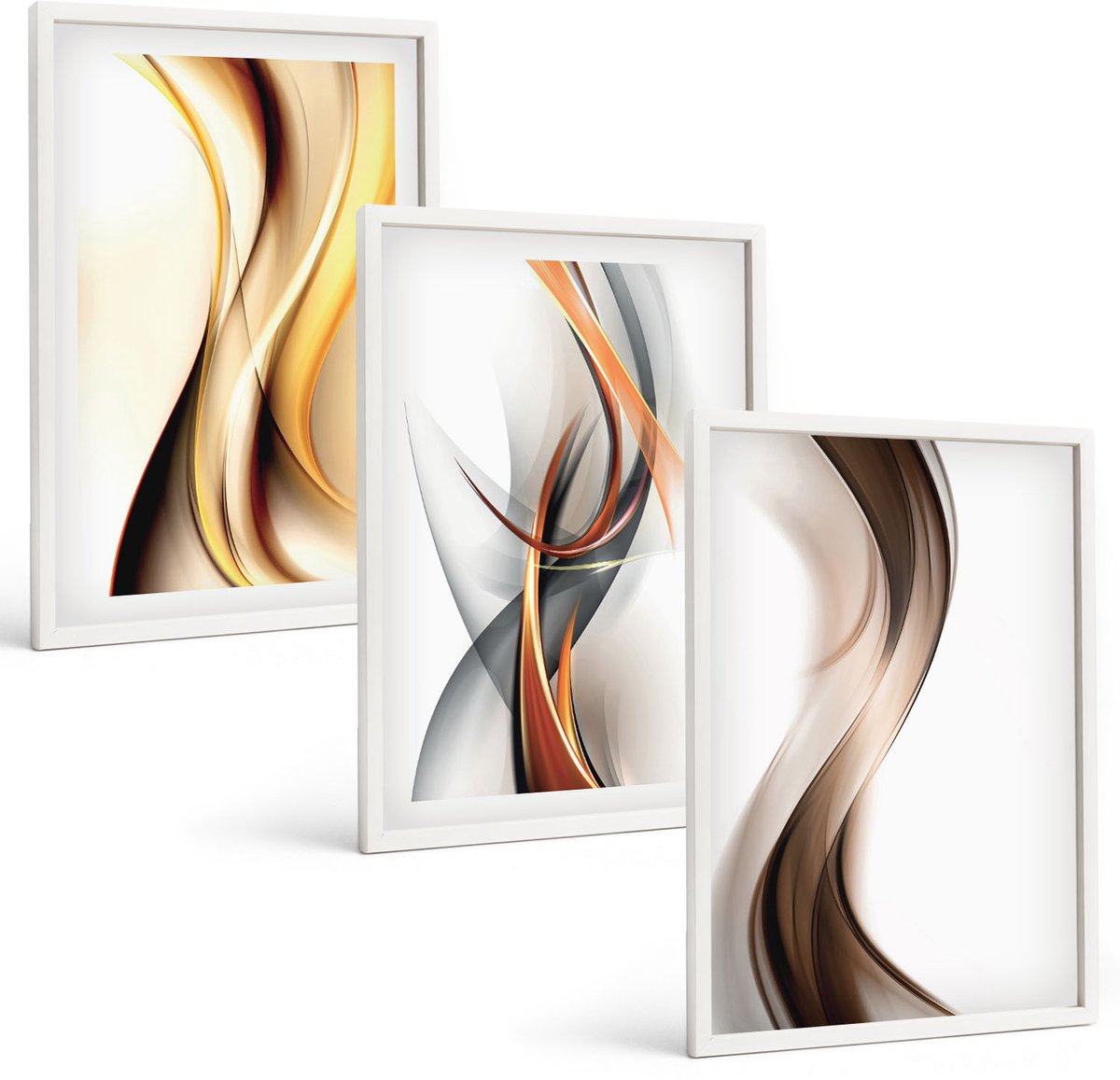 Wallfluent 3-Delige Schilderij Set - Golven In Tinten Geel, Grijs En Bruin. - 40 x 60 - Decoratieve Schilderijen - Wanddecoratie - Hal - Muurdecoratie