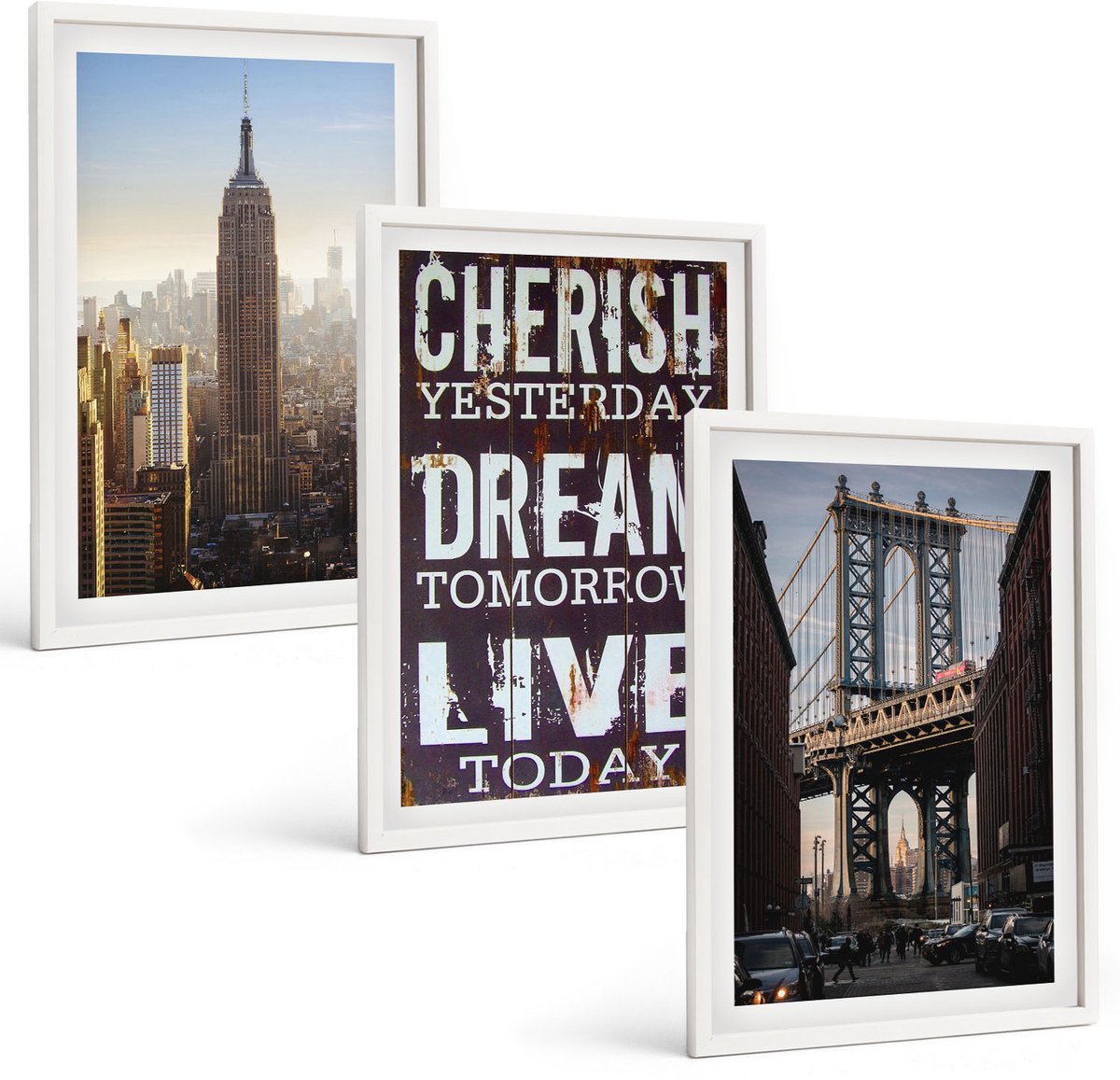 Wallfluent 3-Delige Schilderij Set - Landschappen Van New York City Met Een Inspirerend Citaat - 40 x 60 - Wanddecoratie - Muurdecoratie - Moderne Interieurdecoratie - Stijlvolle Muurdecoratie