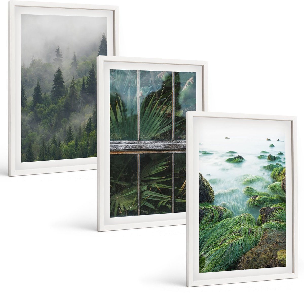 Wallfluent 3-Delige Schilderij Set - Bos In De Mist, Rivieroever En Kas Met Planten - 40 x 60 - Stijlvolle Muurdecoratie - Slaapkamer - Moderne Wanddecoratie