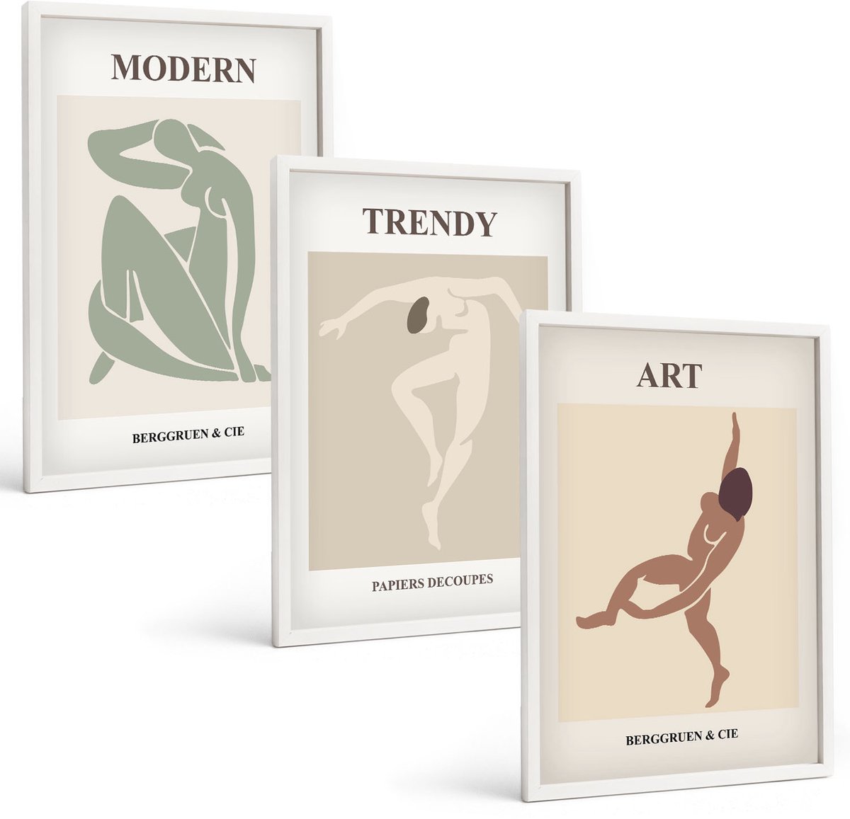 Wallfluent 3-Delige Schilderij Set - Stijlvolle Personages In Minimalistische Tinten - 40 x 60 - Schilderijen Set - Wanddecoratie - Woonkamer - Stijlvolle Muurdecoratie