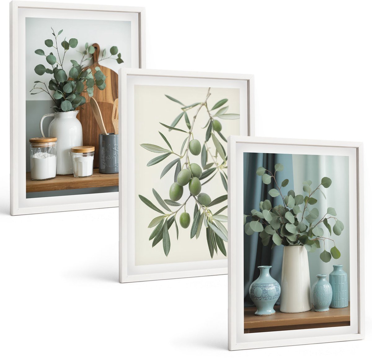 Wallfluent 3-Delige Schilderij Set - Esthetisch Aantrekkelijke Combinatie Van Groene Olijven En Eucalyptustakken - 40 x 60 - Decoratieve Muurdecoratie - Slaapkamer - Moderne Wanddecoratie