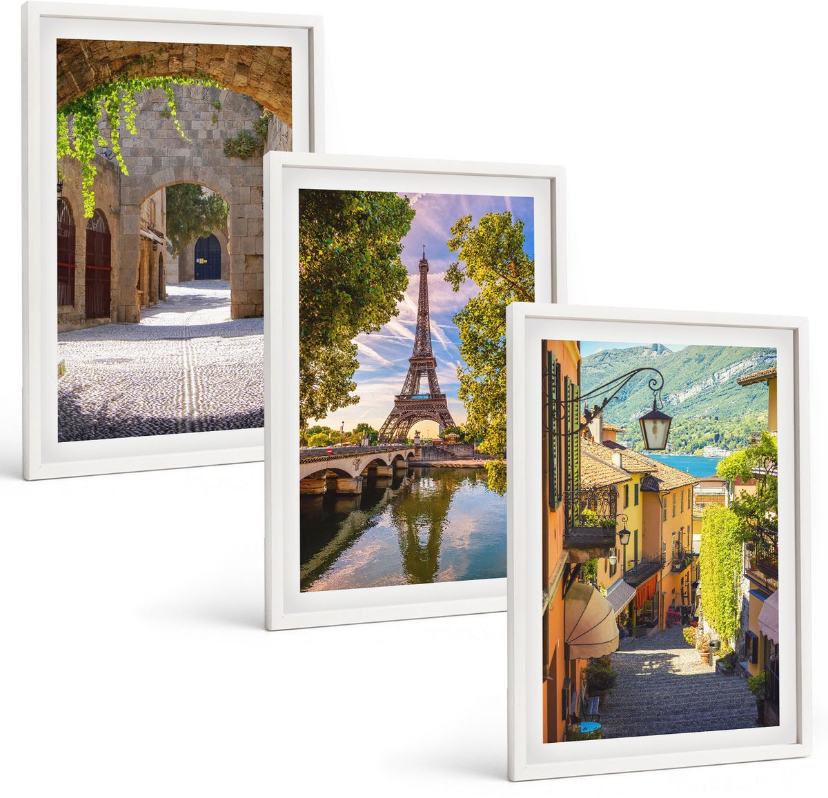 Wallfluent 3-Delige Schilderij Set - Prachtige Straten, Historische Architectuur, Eiffeltoren - 40 x 60 - Muurdecoratie - Interieur Decoratie - Decoratieve Schilderijen