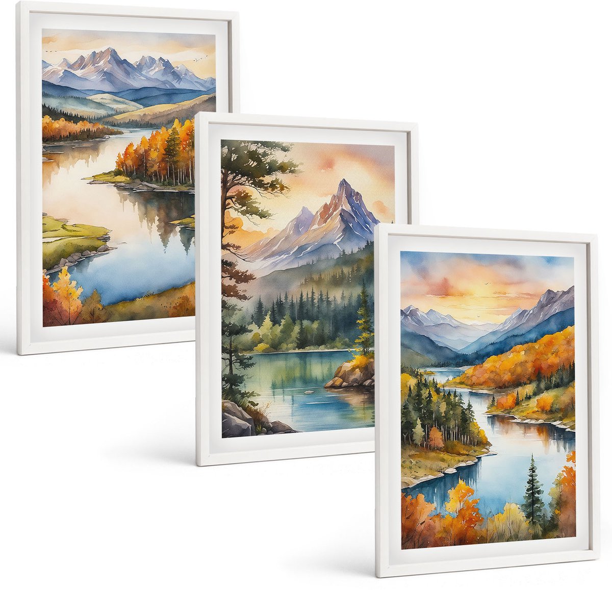 Wallfluent 3-Delige Schilderij Set - Berglandschappen Met Een Rivier En Kleurrijke Bomen - 40 x 60 - Muurdecoratie - Interieur Decoratie - Wanddecoratie