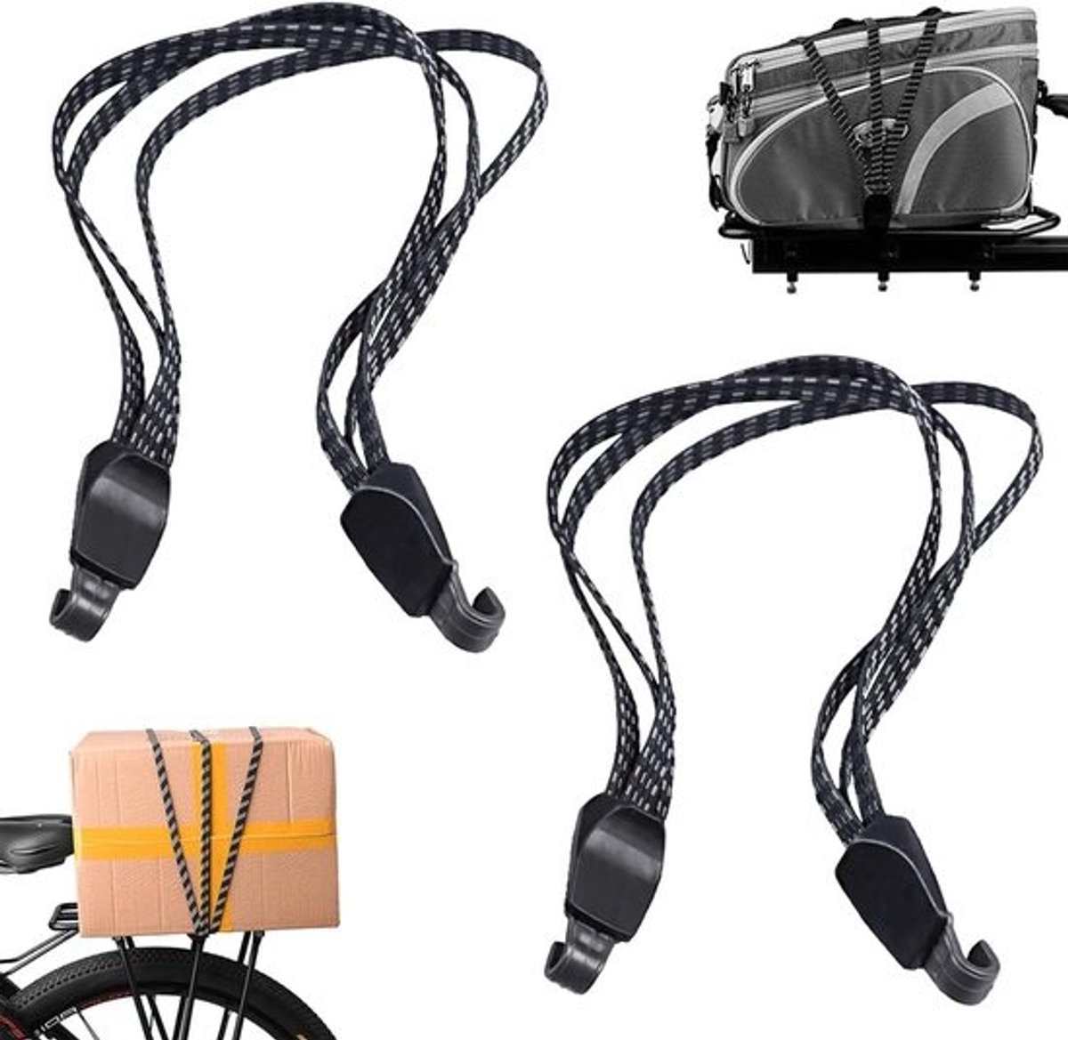 2x Verstelbare Elastische Fiets Spanbanden met Haken - 68 CM Zwart Snelbinders voor Bagage en Lading Vastzetten