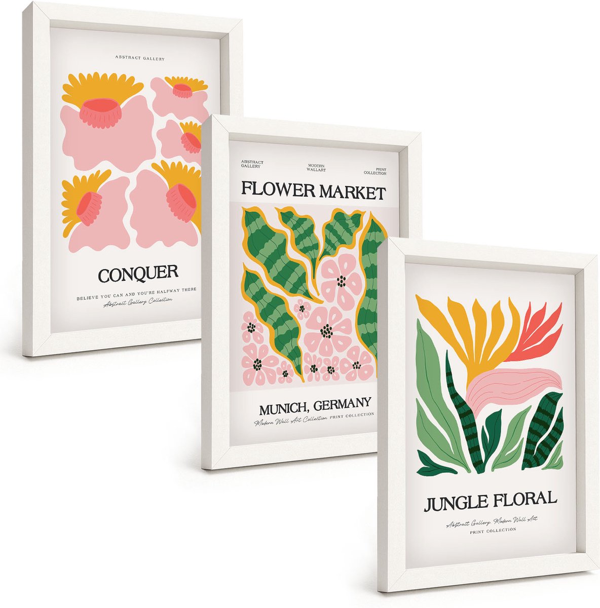 Wallfluent 3-Delige Schilderij Set - Bloemen En Bladeren In Moderne Stijl Op Posters - 20 x 30 - Stijlvolle Muurdecoratie - Kantoor - Decoratieve Schilderijen