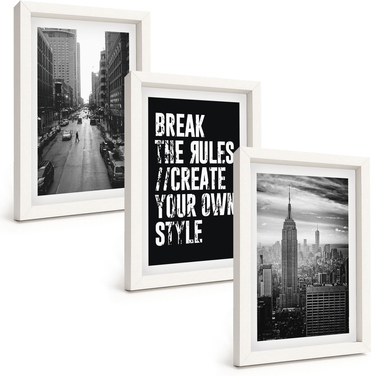 Wallfluent 3-Delige Schilderij Set - Stadsstraten In Zwart-Wit Met Inspirerende Letters - 20 x 30 - Wanddecoratie - Muurdecoratie - Woonkamer