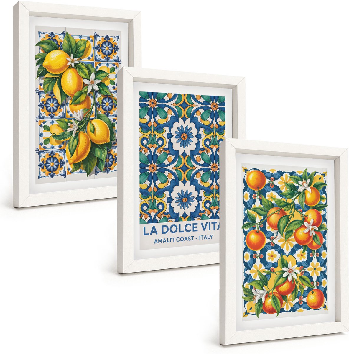 Wallfluent 3-Delige Schilderij Set - Posters Met Citrusvruchten En Kleurrijke Abstracte Patronen - 20 x 30 - Stijlvolle Muurdecoratie - Kantoor - Woonkamer Decoratie