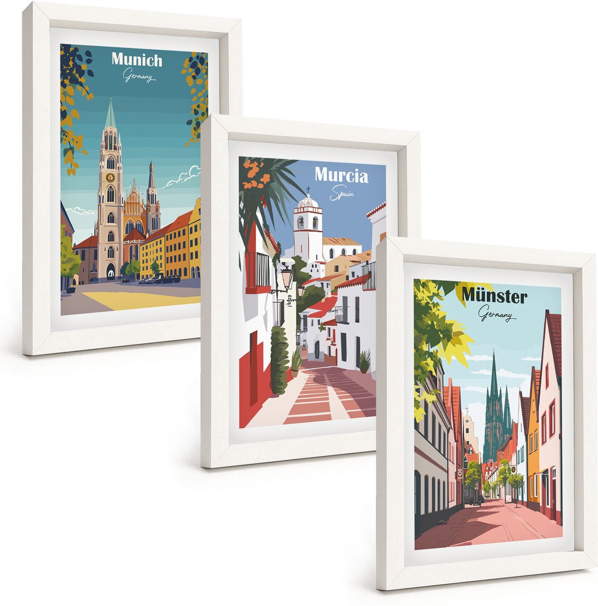 Wallfluent 3-Delige Schilderij Set - Europese Steden In Kleurrijke Illustraties - 20 x 30 - Decoratieve Muurdecoratie - Slaapkamer - Moderne Wanddecoratie