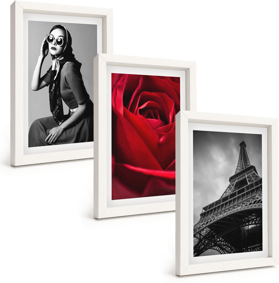 Wallfluent 3-Delige Schilderij Set - Parijse Vrouw Met Bril, Roos En Eiffeltoren - 20 x 30 - Moderne Wanddecoratie - Slaapkamer - Interieur Decoratie