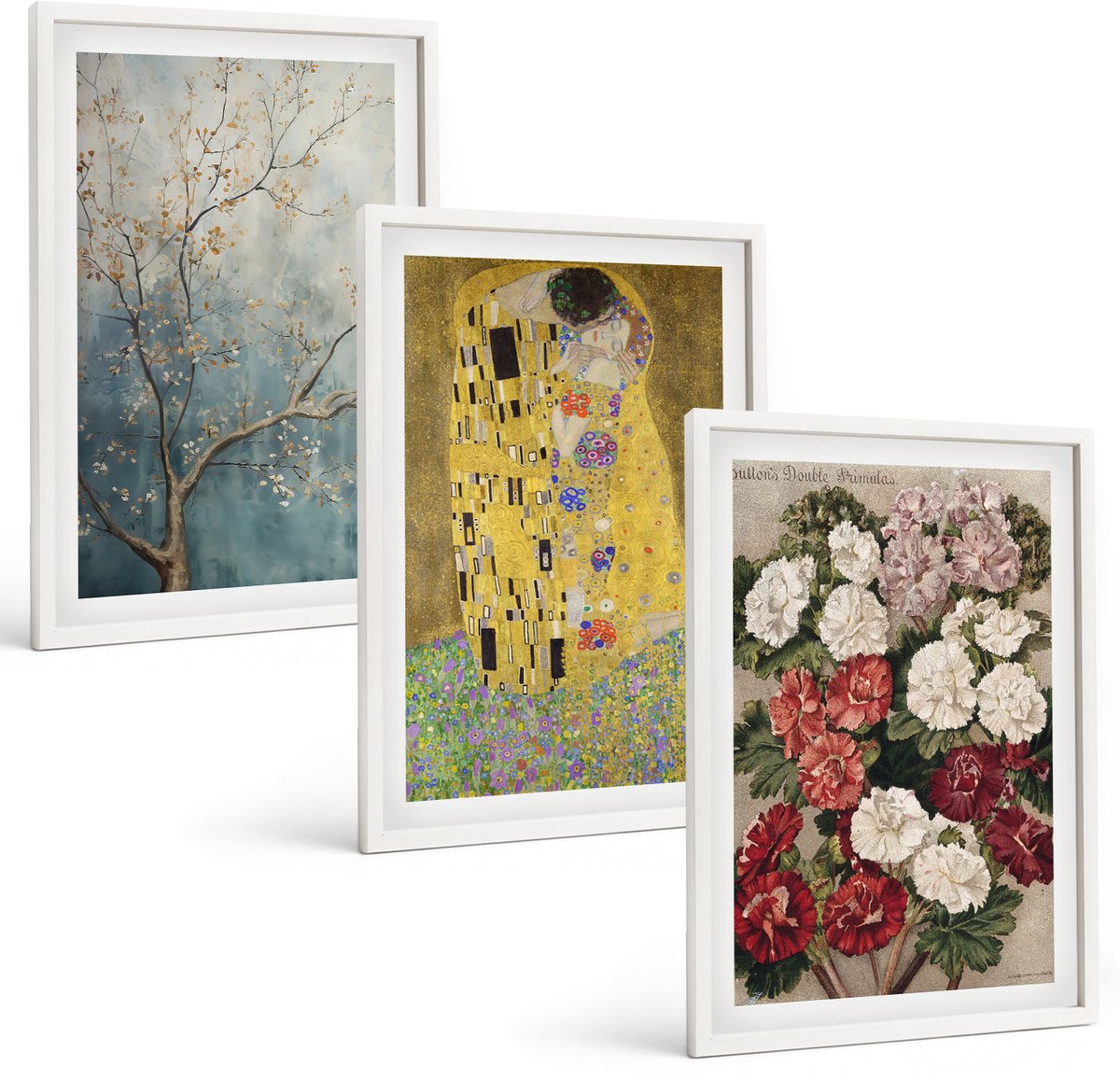 Wallfluent 3-Delige Schilderij Set - Bloemen En Bomen In De Schilderstijl Van De Kus Van Gustav Klimt. - 40 x 60 - Wanddecoratie - Muurdecoratie - Woonkamer