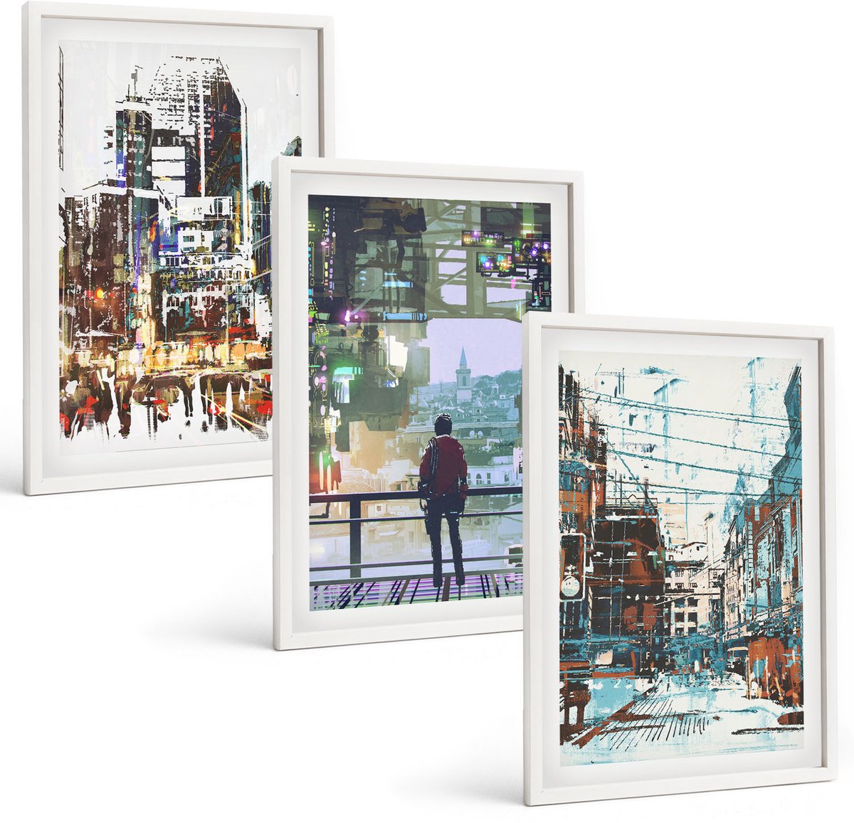 Wallfluent 3-Delige Schilderij Set - Moderne Steden In Kleur Met Een Figuur Op De Achtergrond - 40 x 60 - Moderne Wanddecoratie - Woonkamer - Stijlvolle Muurdecoratie