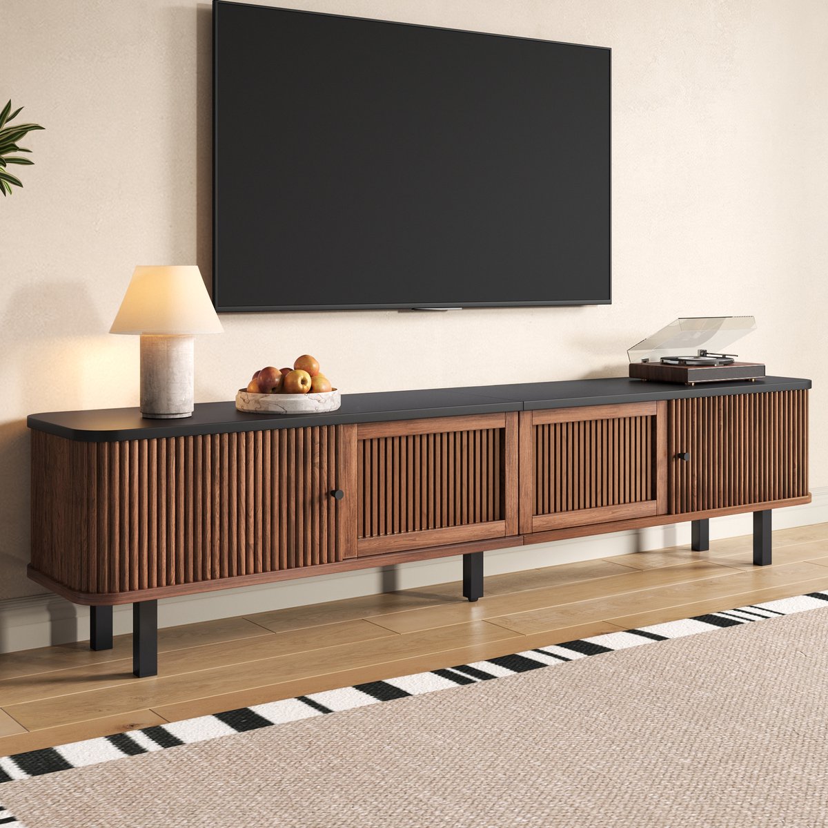 REDOM - TV-meubel - Groot opbergruimte - Schuifdeuren en roosterdeur - Zwarte ijzeren handgrepen - Modern design - Woonkamer - MDF en spaanplaat - Walnoot - 190 x 35 x 45 cm