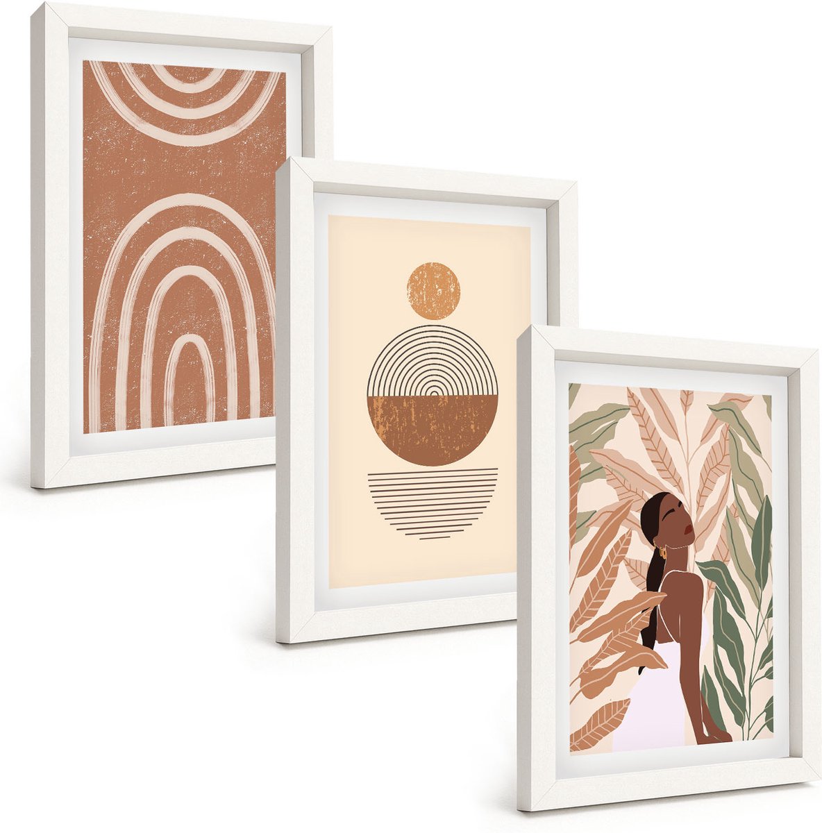 Wallfluent 3-Delige Schilderij Set - Stijlvolle Patronen Met Plantmotieven En Geometrische Vormen. - 20 x 30 - Muurdecoratie - Decoratieve Schilderijen - Wohnzimmer - Wanddecoratie