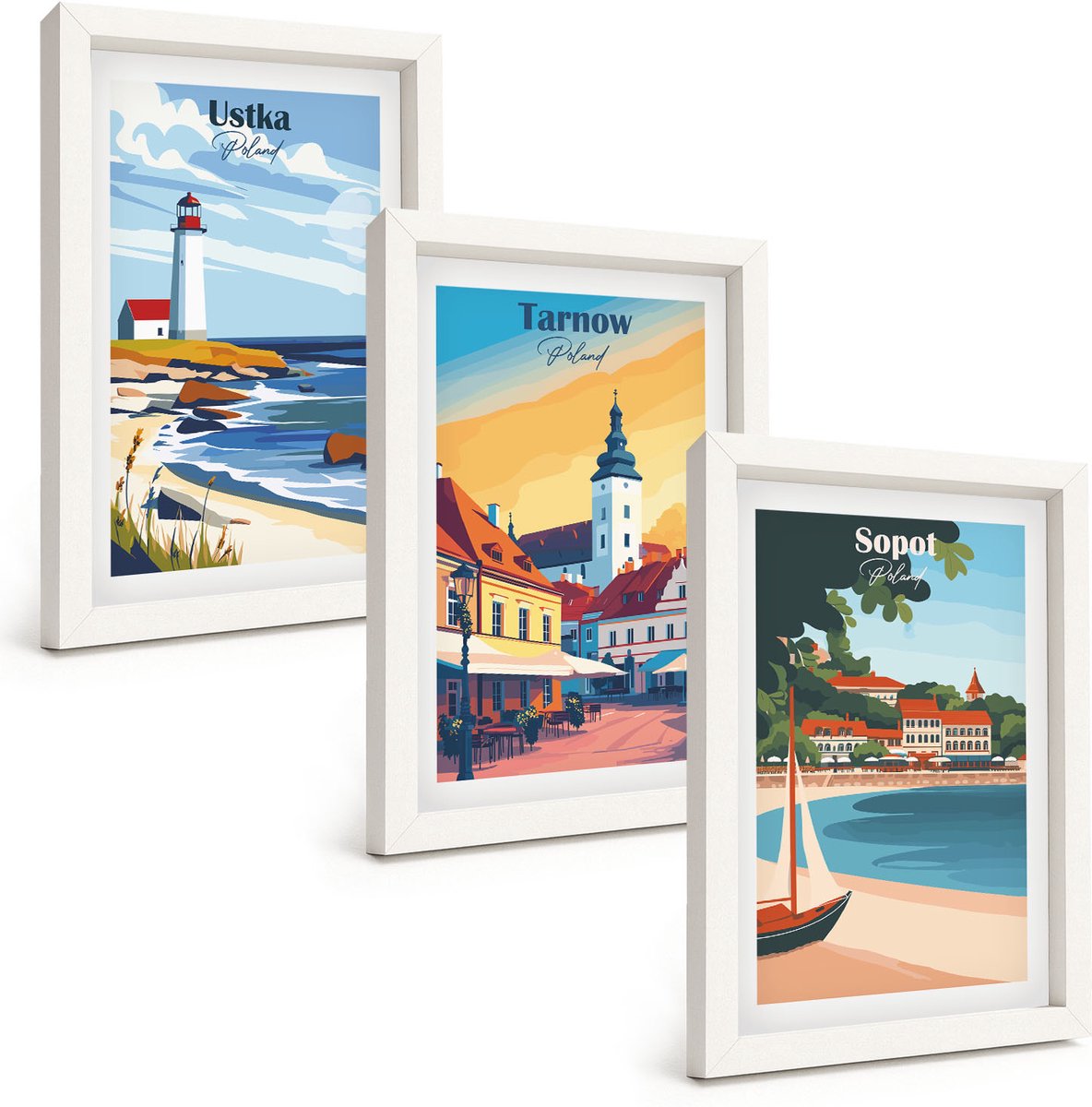 Wallfluent 3-Delige Schilderij Set - Uitzicht Op De Poolse Steden Ustka Tarnów Sopot - 20 x 30 - Muurdecoratie - Decoratieve Schilderijen - Wohnzimmer