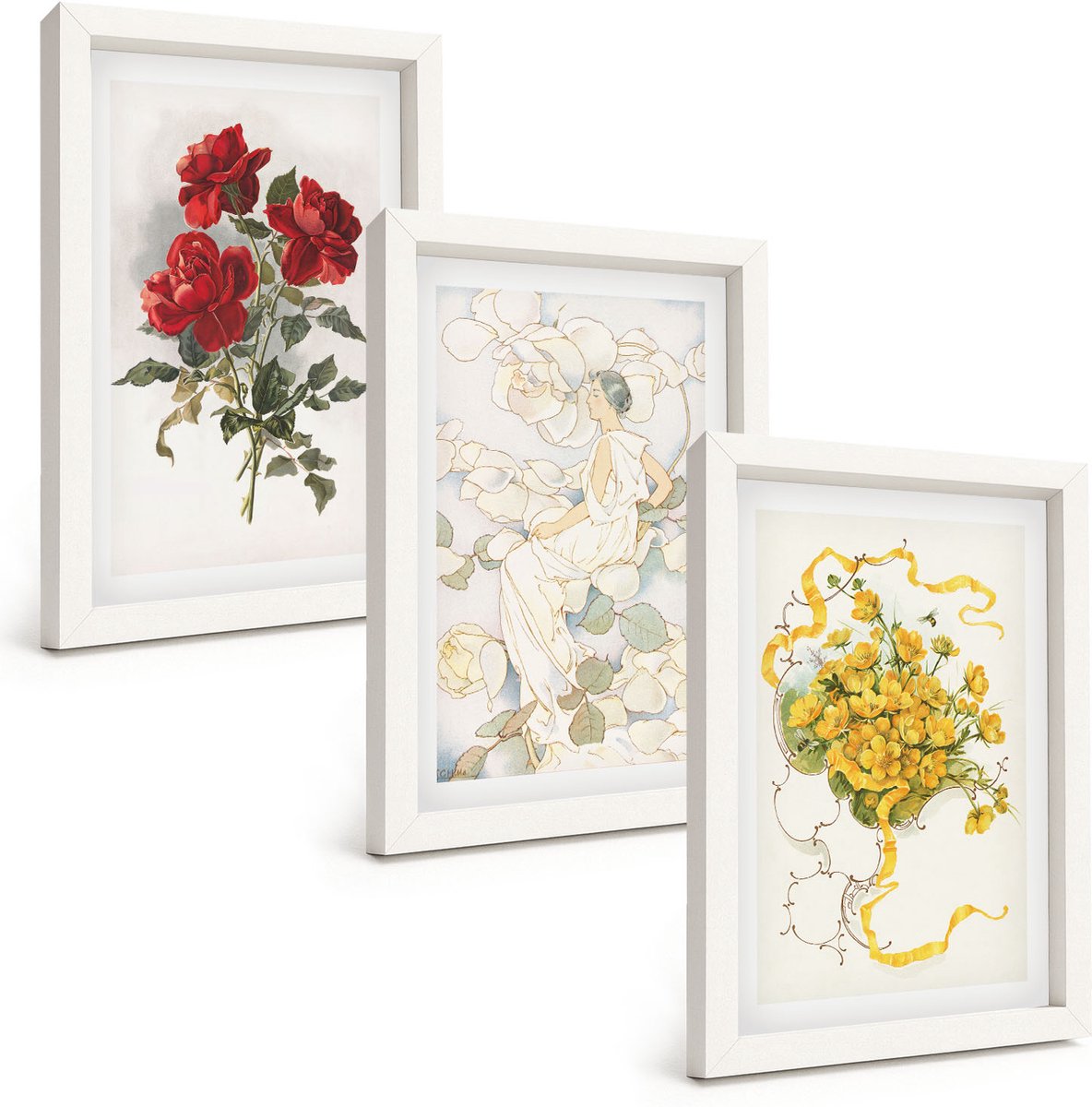 Wallfluent 3-Delige Schilderij Set - Rode Rozen In Een Witte Vaas Met Gele Bloemen. - 20 x 30 - Wanddecoratie - Schilderijen Set - Kantoor - Muurdecoratie