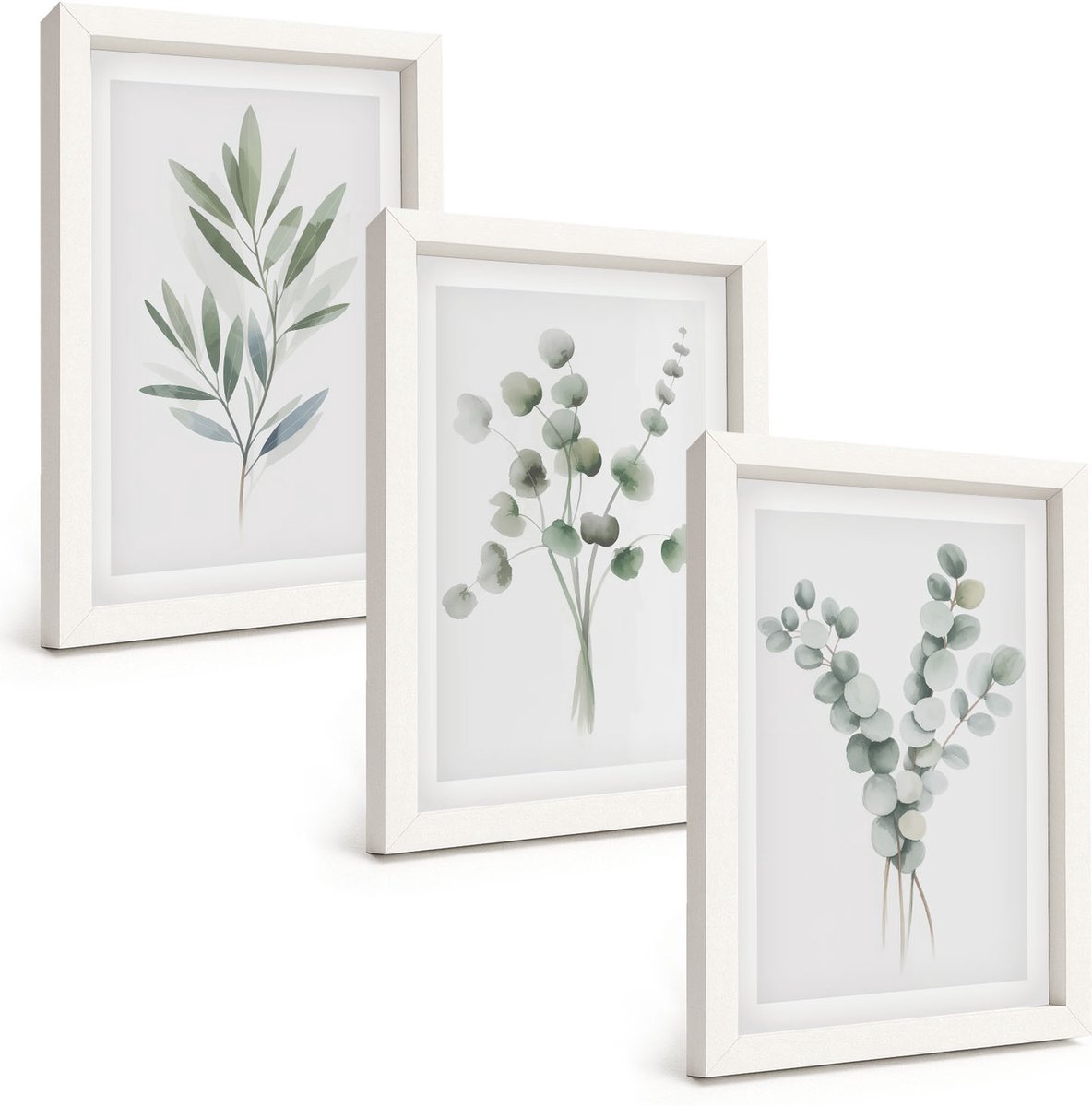 Wallfluent 3-Delige Schilderij Set - Plantenpatronen In Tinten Groen En Grijs - 20 x 30 - Muurdecoratie - Interieur Decoratie
