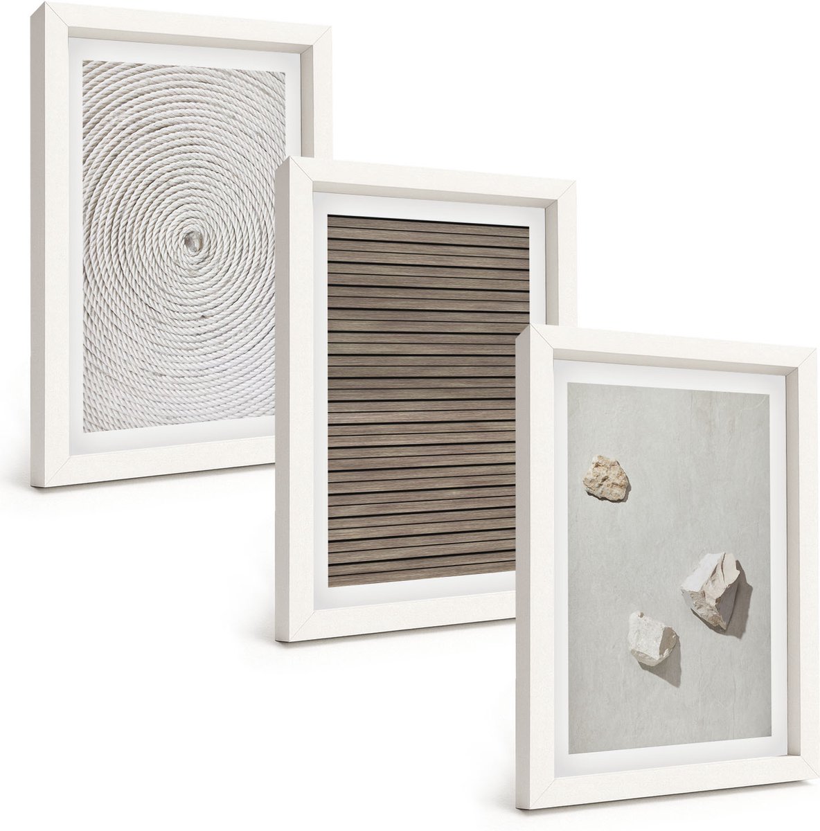 Wallfluent 3-Delige Schilderij Set - Natuurlijke Texturen: Hout, Stenen, Touw - 20 x 30 - Muurdecoratie - Decoratieve Schilderijen - Wohnzimmer