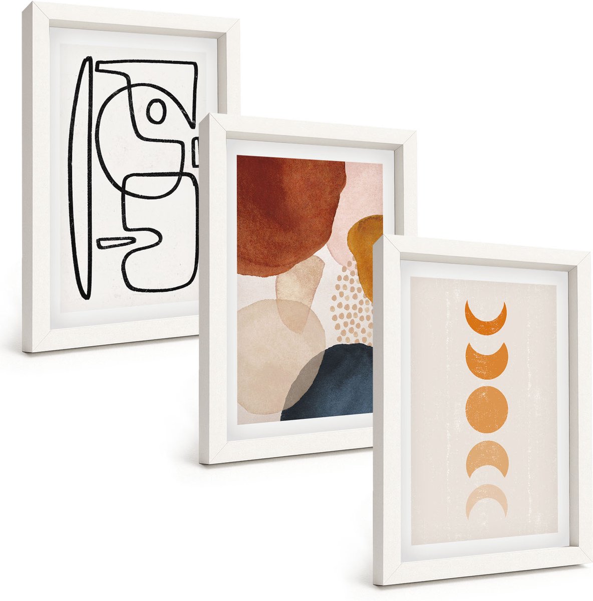 Wallfluent 3-Delige Schilderij Set - Abstracte Vormen En Kleuren, Modieuze Decoraties - 20 x 30 - Moderne Wanddecoratie - Woonkamer - Interieur Decoratie