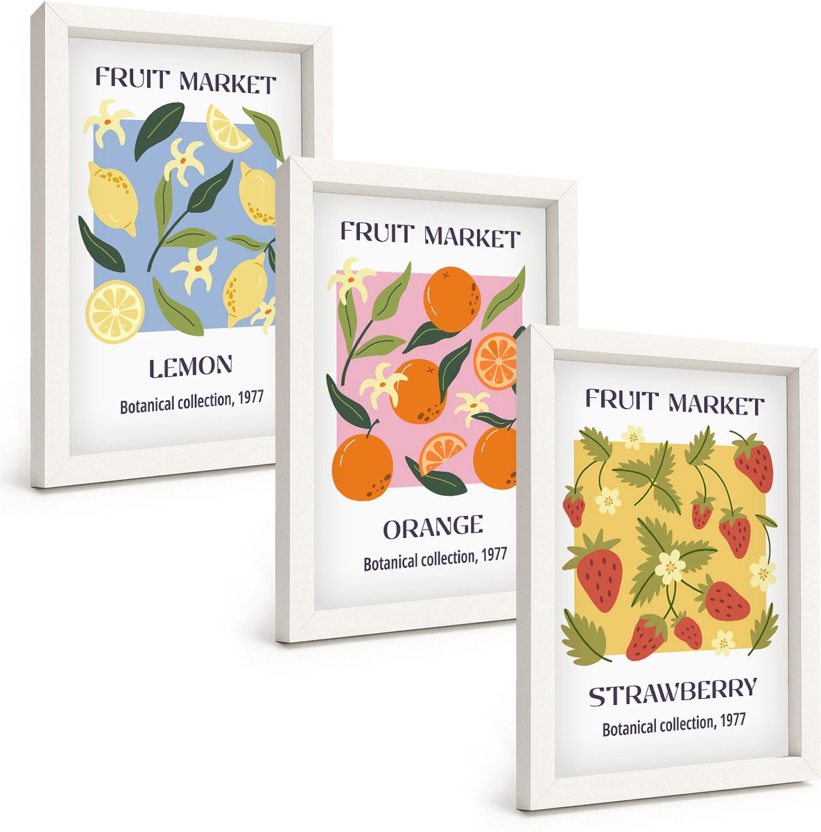Wallfluent 3-Delige Schilderij Set - Fruitposters Met Citroenen, Sinaasappels En Aardbeien. - 20 x 30 - Muurdecoratie - Schilderijen Set - Woonkamer - Interieur Decoratie