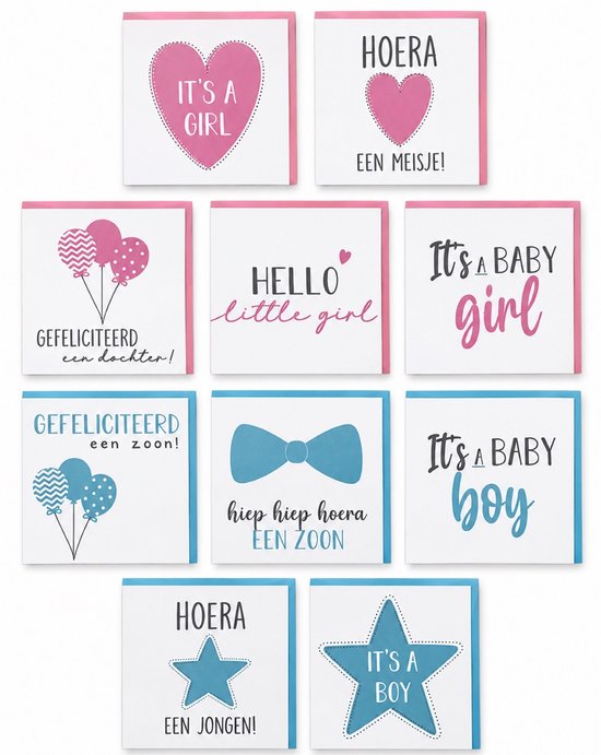 Tien kaarten met geboortethema: hartjes, ballonnen, strikjes en sterren. Teksten in roze voor meisjes, blauw voor jongens.