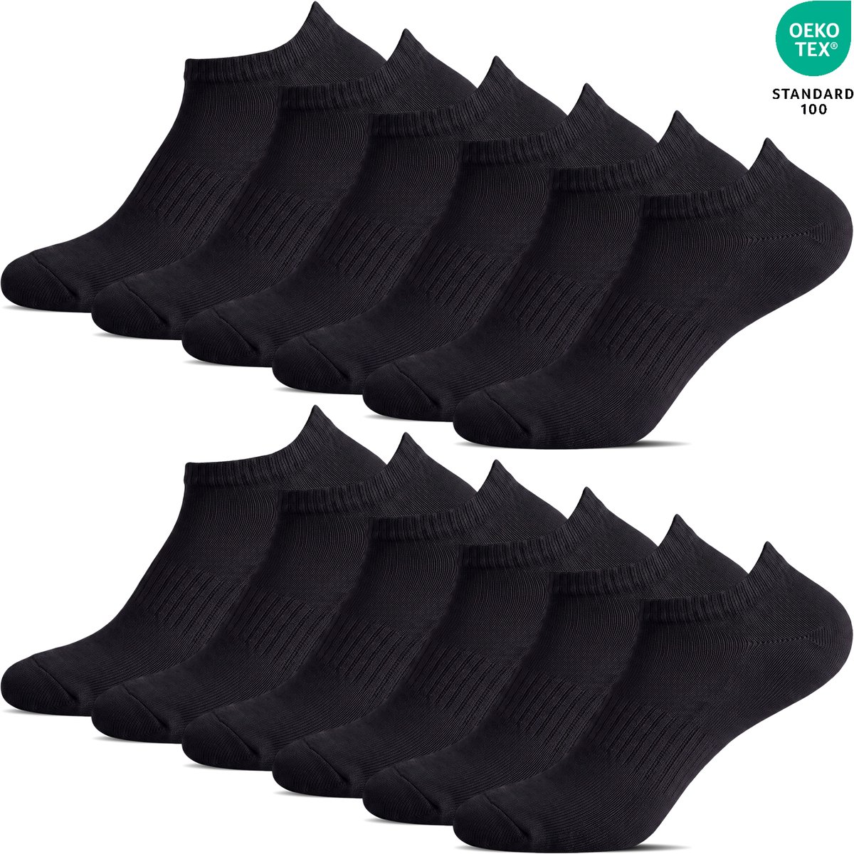 BENYSON® 12 Paar Onzichtbare Sneakersokken met Badstof Zool Footies No-Show Met Siliconen Anti-Slip - Katoen - Zwart - Maat 39-42 - Heren Dames Unisex - Wandelsokken - Zakt niet af - B-8001