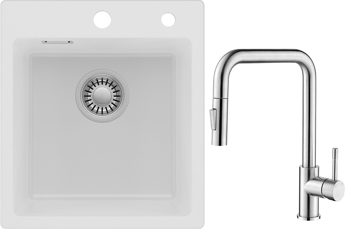 CECIPA max Spoelbak Keuken 40x45CM - Granieten spoelbakken Met Premium Keukenkraan - Spoelbakken Keuken Wit - Enkele spoelbakken Incl. Sifon en Afvoerzeefje
