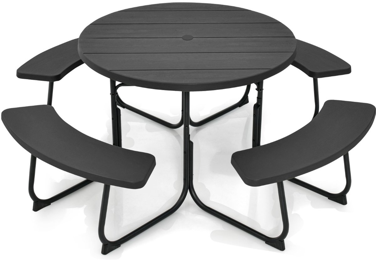 SureDeal® - Tuinset - Zitgarnituur - Personen Picknicktafel - Parasolgat - Banken Ronde Tuintafel - Tuin Terras - 190x76x. cm - Zwart