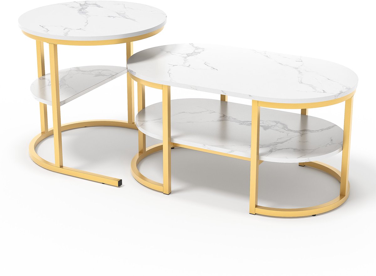 Yelenaro Salontafel Set van 2 - Marmerlook - Metalen frame - Grote Tafel 80x46cm, Kleine Tafel 52x52cm - Goud - Bijzettafeltjes Woonkamer