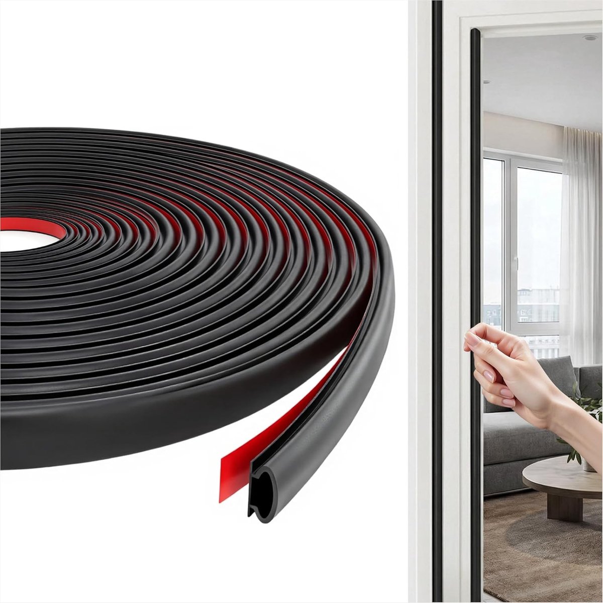 Draai- en tochtstrip voor deuren en ramen - 10 meter lange D-vormige weerbestendige tochtwering, geluidsisolatie en zelfklevend ontwerp voor optimale isolatie en energiebesparing, zwart