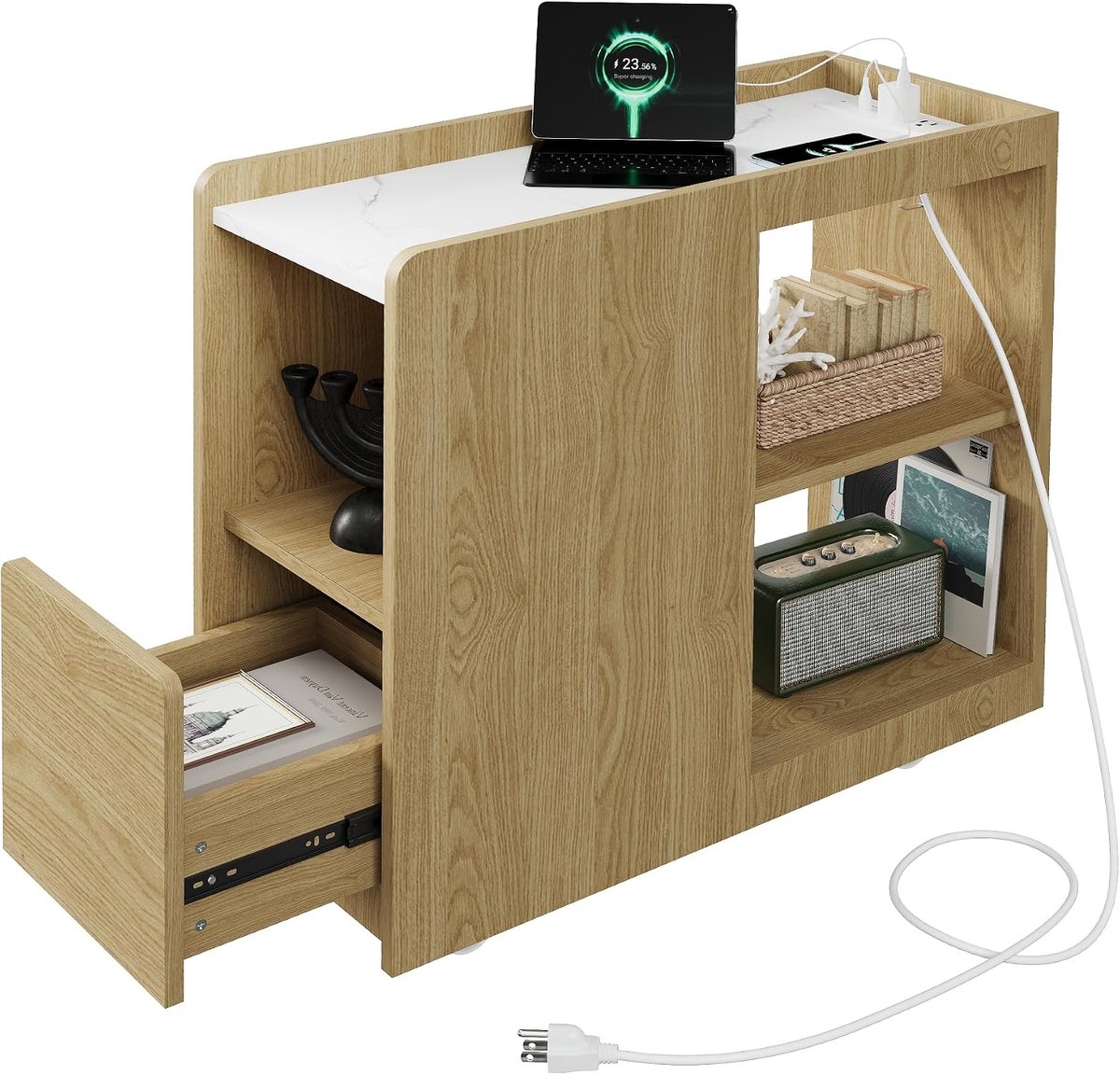 Smal Nachtkastje met Oplaadstation - Bijzettafel op Wieltjes - 2 Stopcontacten, USB & USB-C - Met Lade en Verstelbare Plank - Eiken Look - 70 x 30 x 62.5 cm