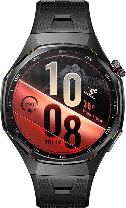 Huawei Watch GT 7 Pro noire avec un cadran affichant des informations de ski.