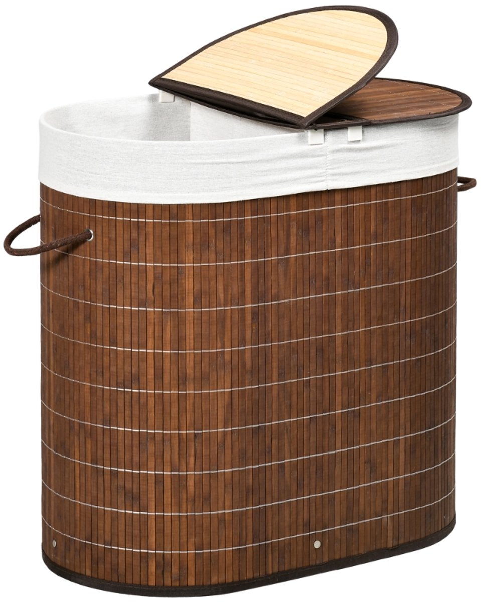 Wasmand, afmetingen 62,5 x 37 x 60,5 cm, bruin bamboe, wasmand voor vuile was met deksel, vakverdeling, uitneembare voering, met handgrepen. Praktisch en stijlvol, geschikt voor badkamer, slaapkamer en wasruimte.
