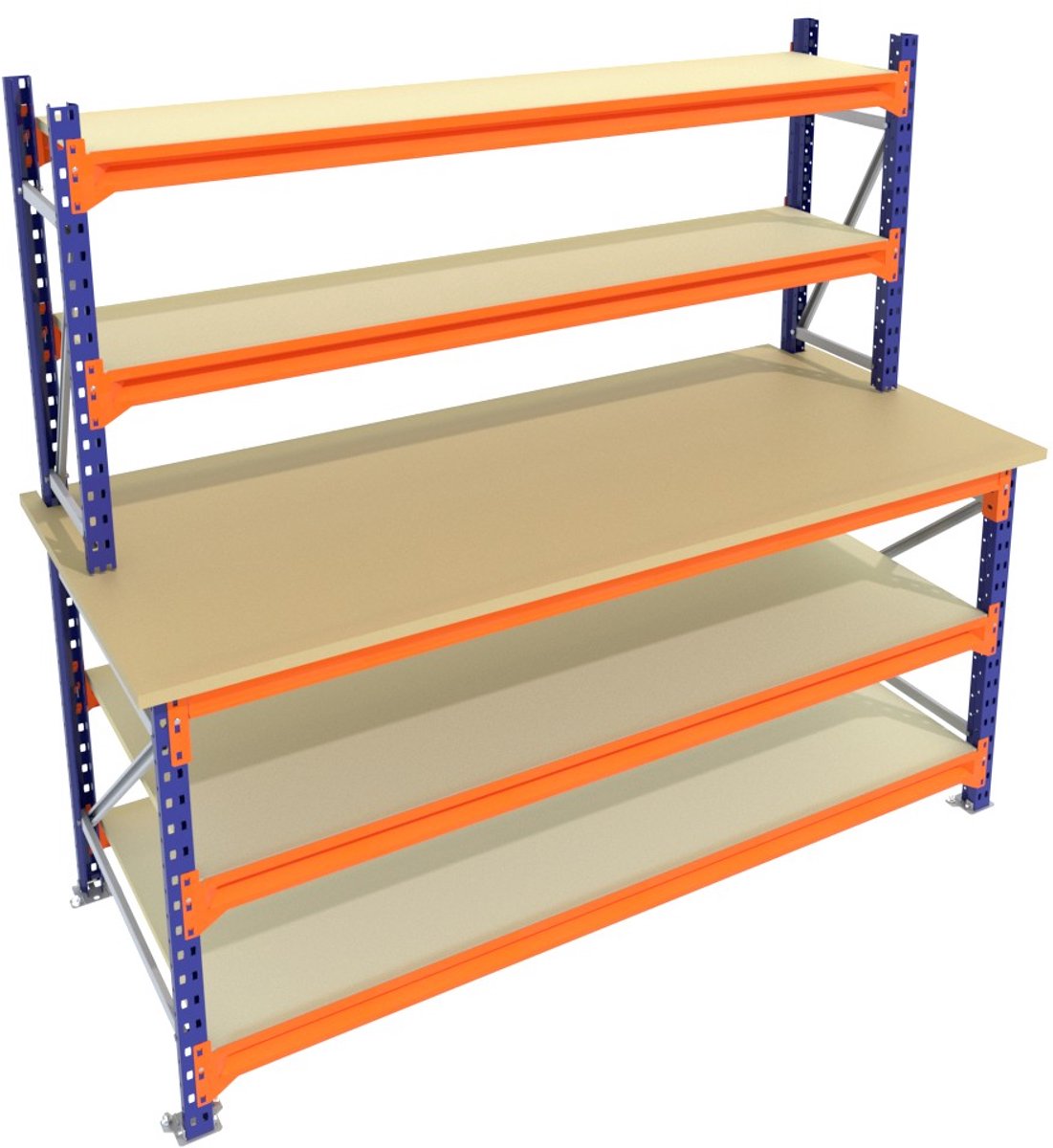 Werkbank of Inpaktafel vast Blauw 200centimeterx105centimeter - 3 niveaus (2 opbouw, multiplex)