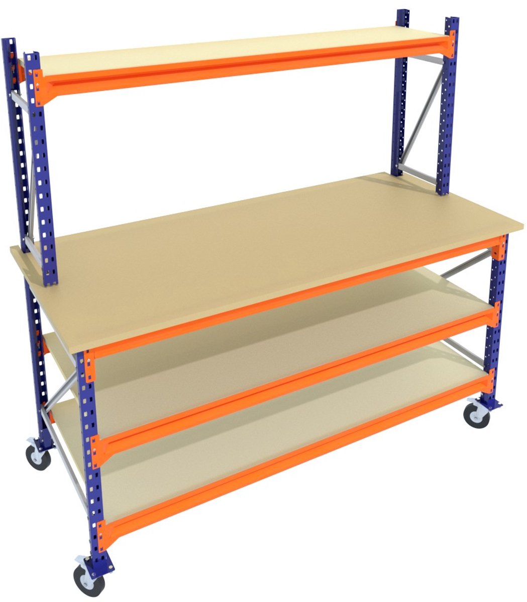 Werkbank of Inpaktafel op wielen met opbouw Blauw 200cmx85cm - 3 niveaus (multiplex, 1 opbouw, zwarte wielen)