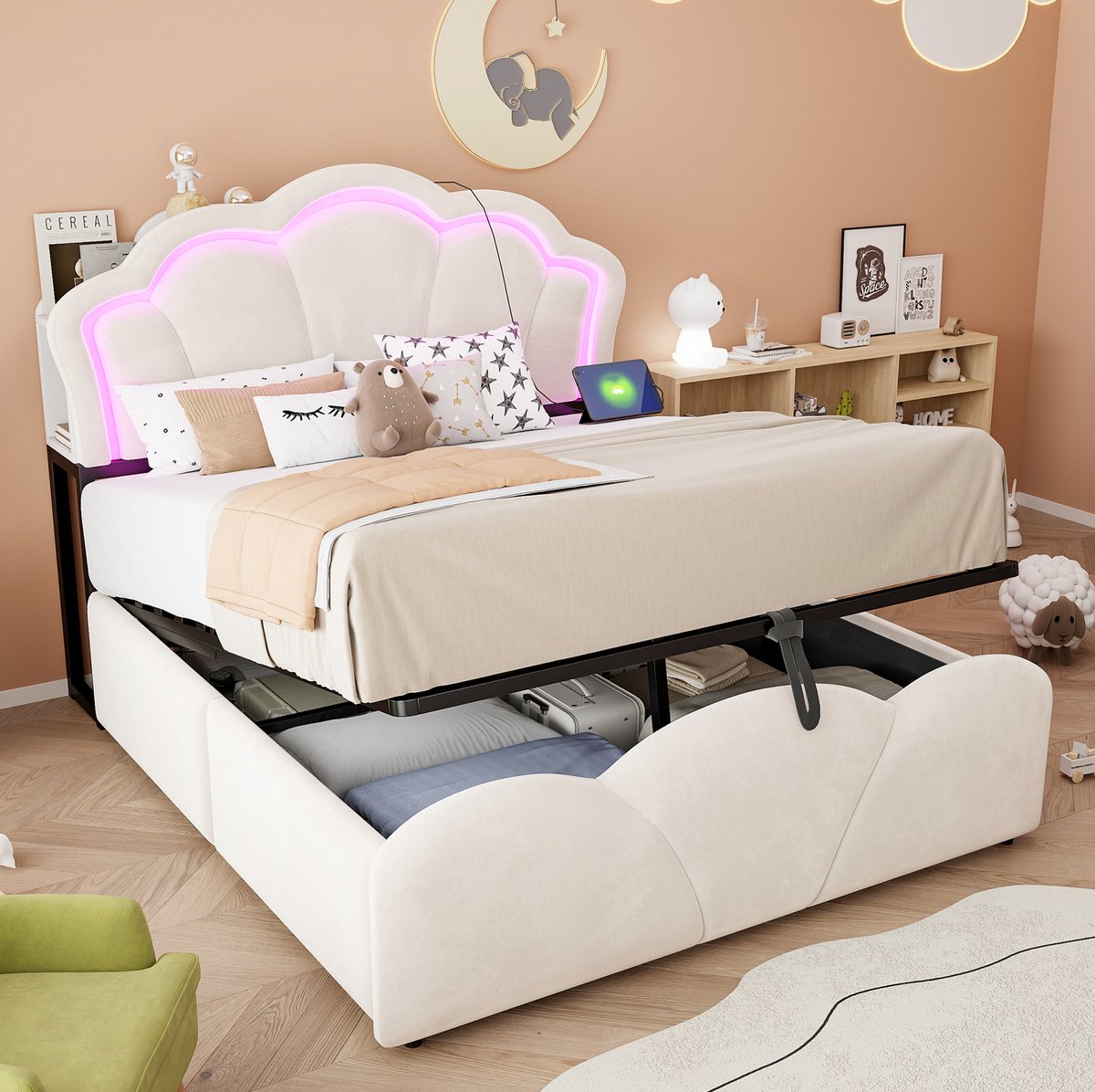 STILVORA Gestoffeerd Bed 140x200cm – Hydraulische Opbergruimte en LED-Verlichting – Hoofdbord Met Staufakken en Stopcontacten – Tweepersoons – Fluwelen Stijl – Beige – Zonder Matras